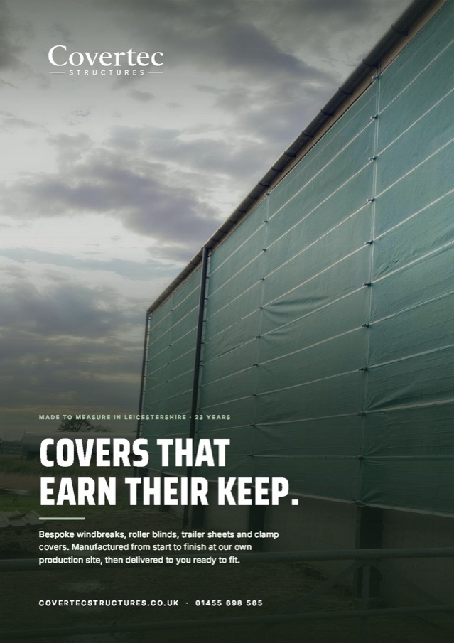 The cover of the Covertec agricultural brochure, a green mesh windbreak running the length of a farm building