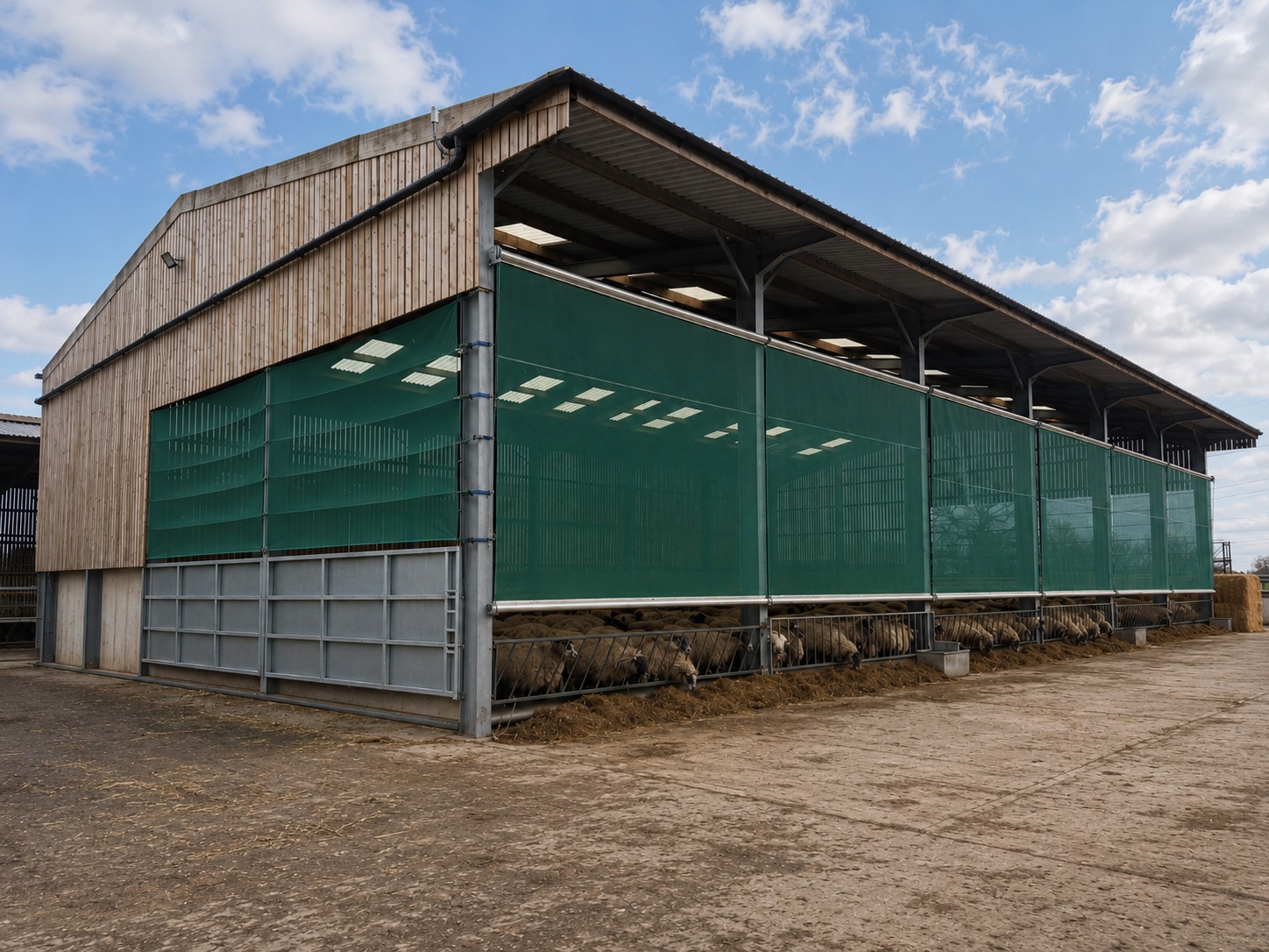 Phil Cookes' sheep shed with green mesh roller blinds over the openings