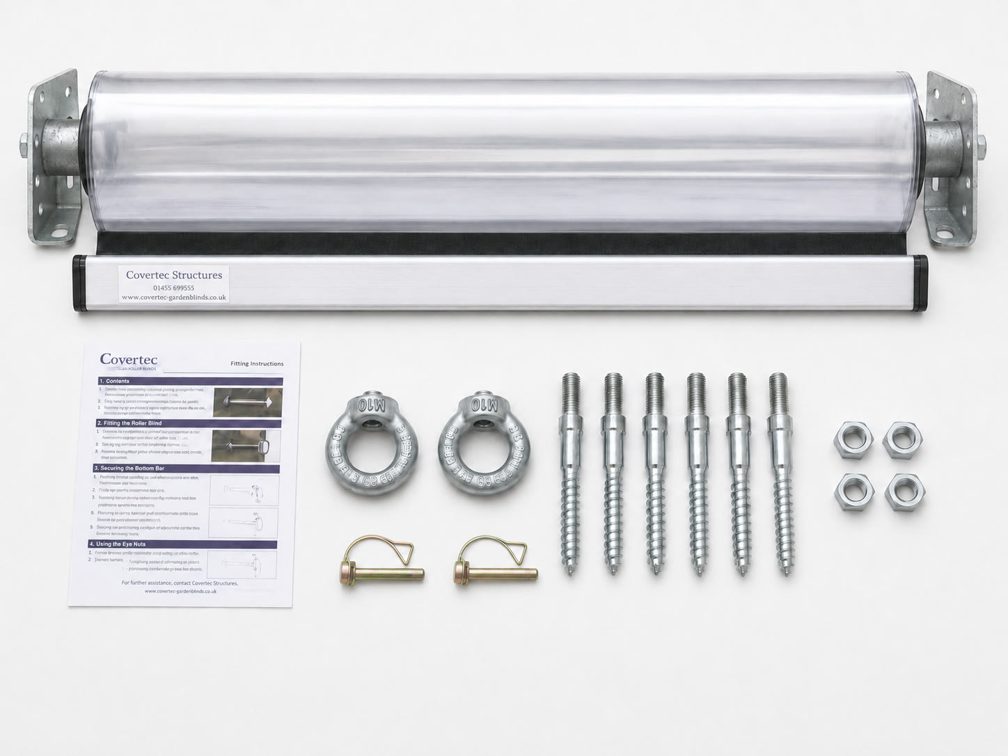 The self-fit kit laid out: pre-assembled blind, bottom bar, fixings and instructions