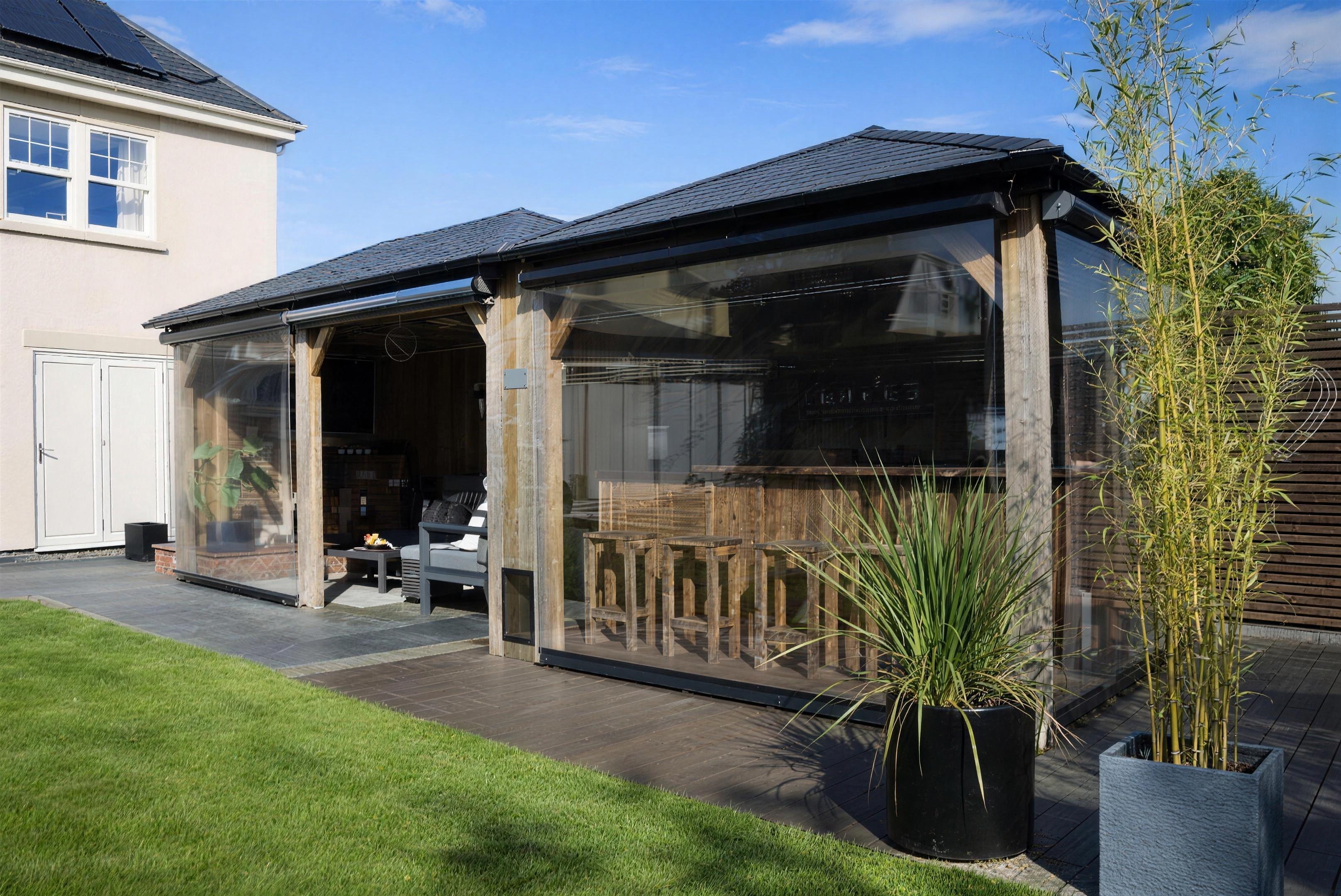Clear PVC blinds enclosing a garden gazebo