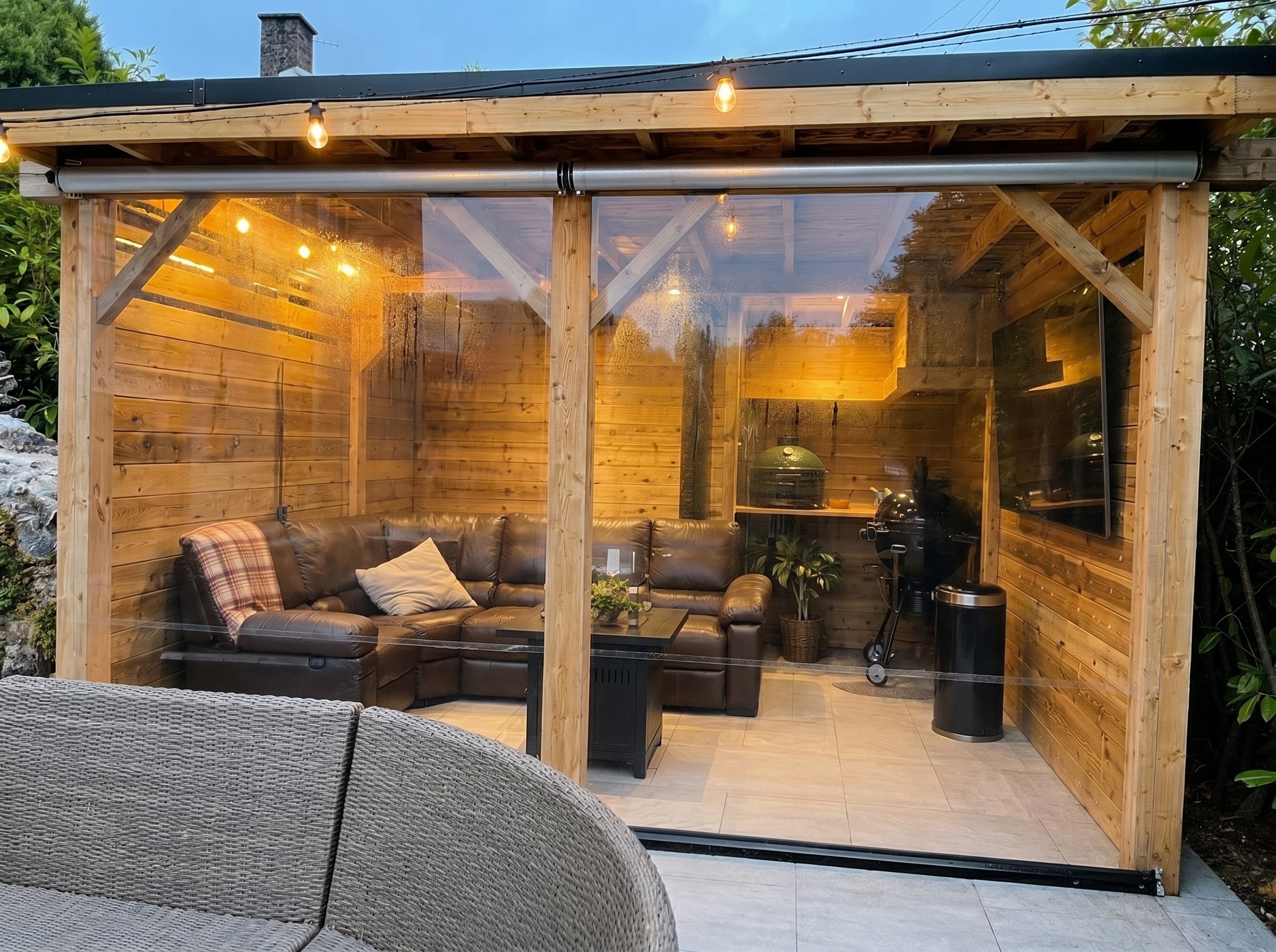 Outdoor seating area enclosed by a clear blind in cool weather