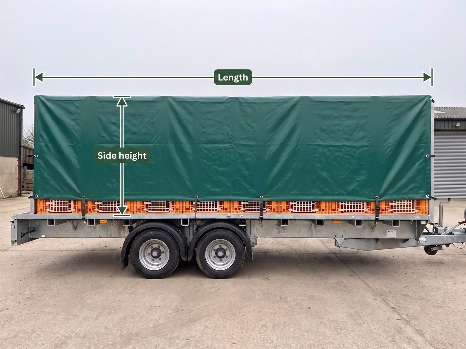 A flatbed farm trailer with a roll off sheet over the load, marked with a Length dimension along the body and a Side height dimension down the sheeted side