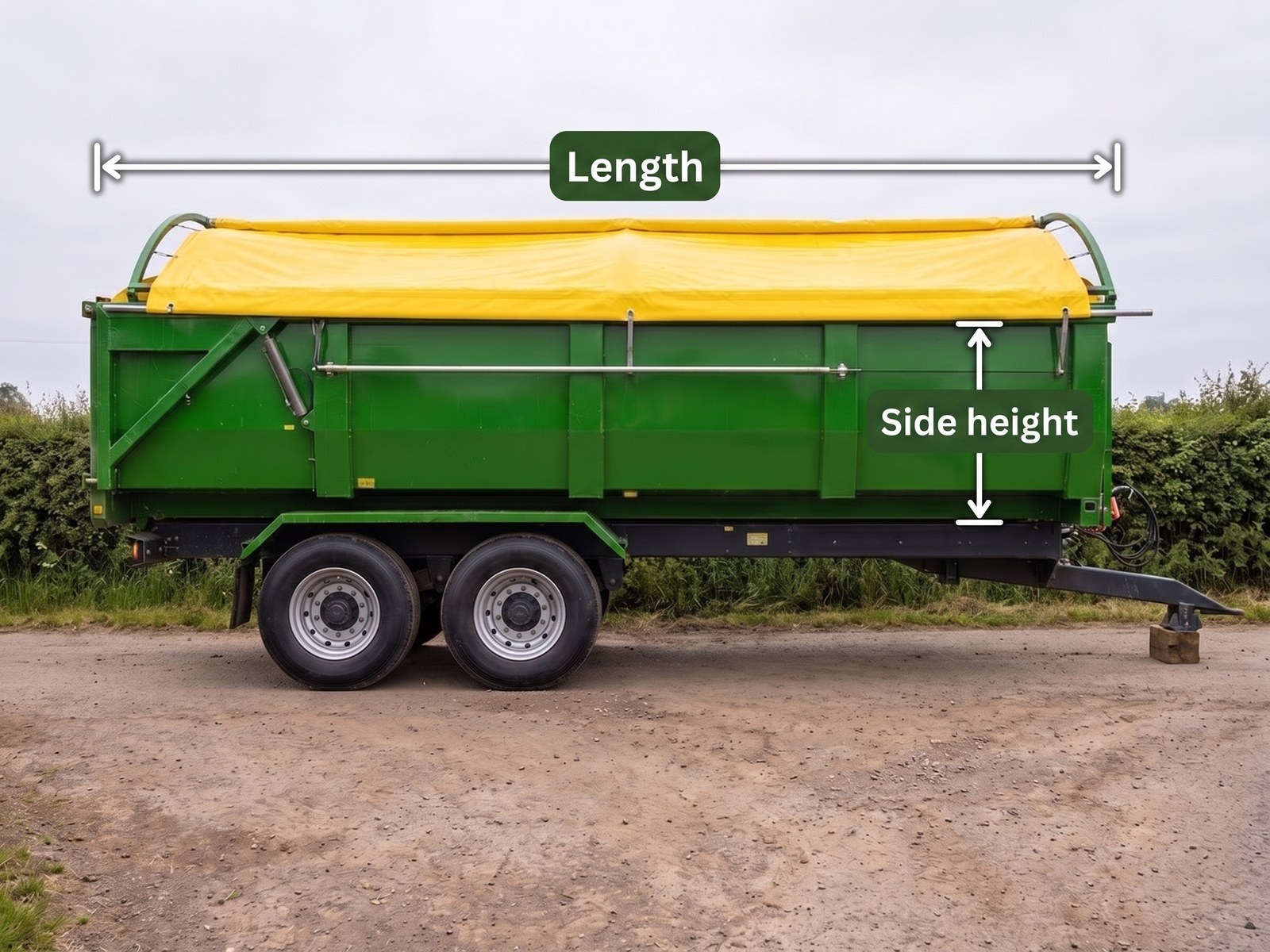 A farm tipping trailer with a rollover sheet closed over the load, marked with a Length dimension along the body and a Side height dimension down the side panel