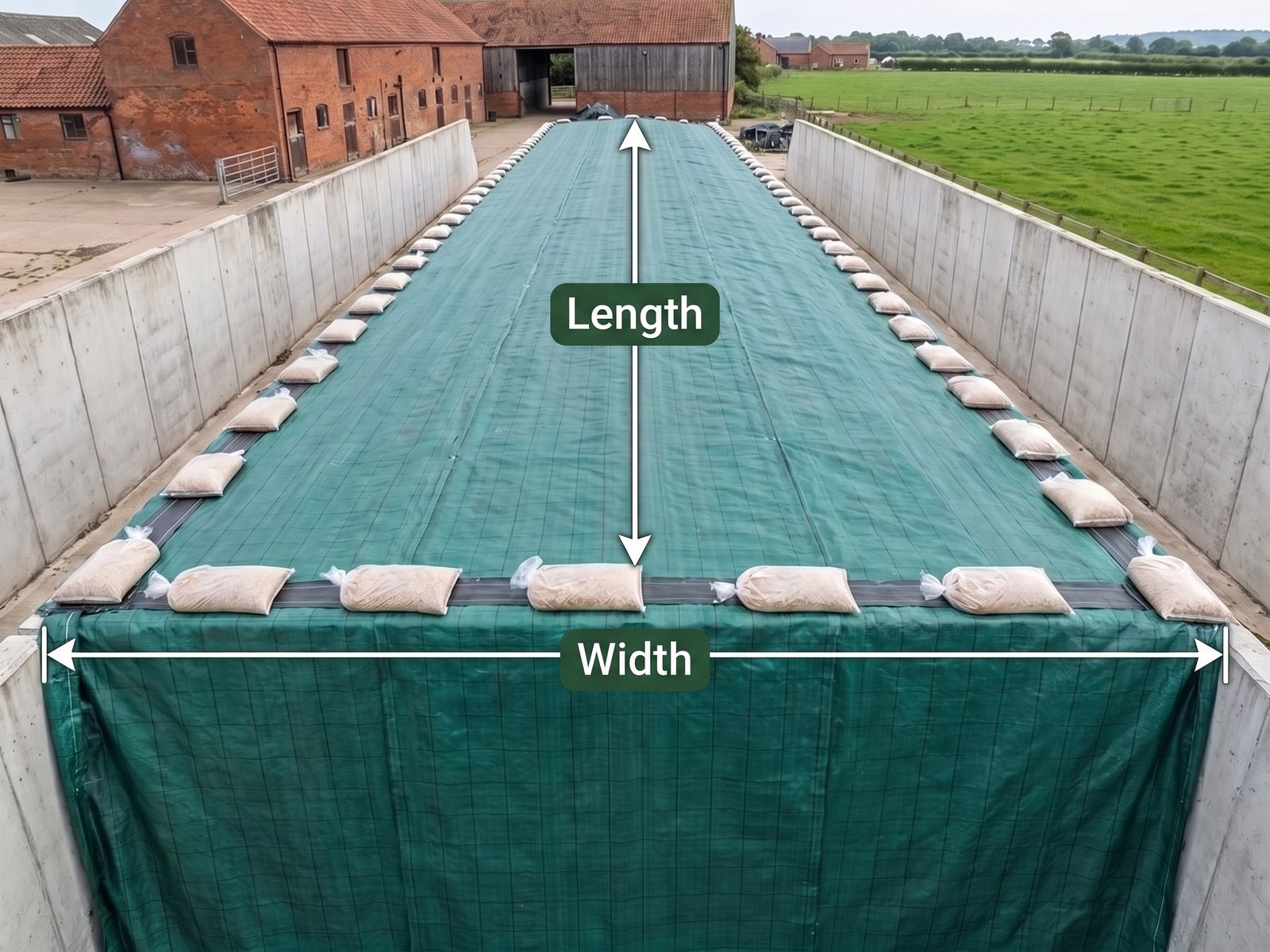 A covered silage clamp weighted with gravel bags, marked with a Width dimension across the clamp wall to wall and a Length dimension running front to back