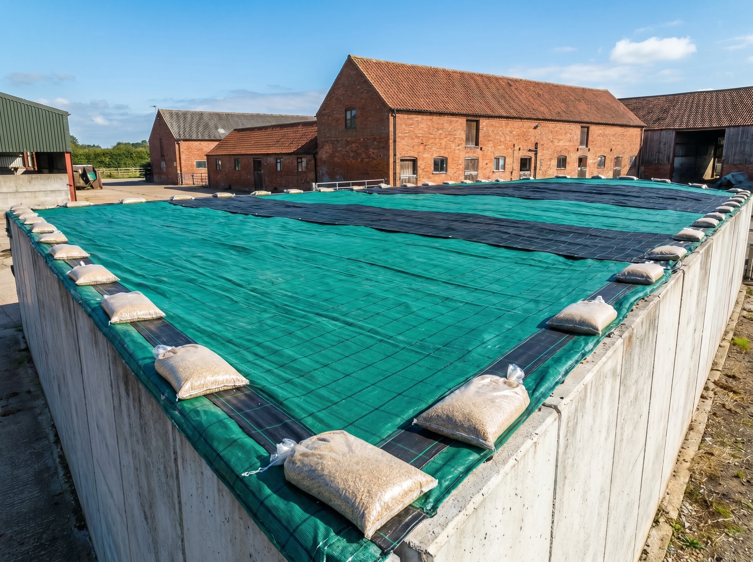 Silage clamp cover held down across a clamp