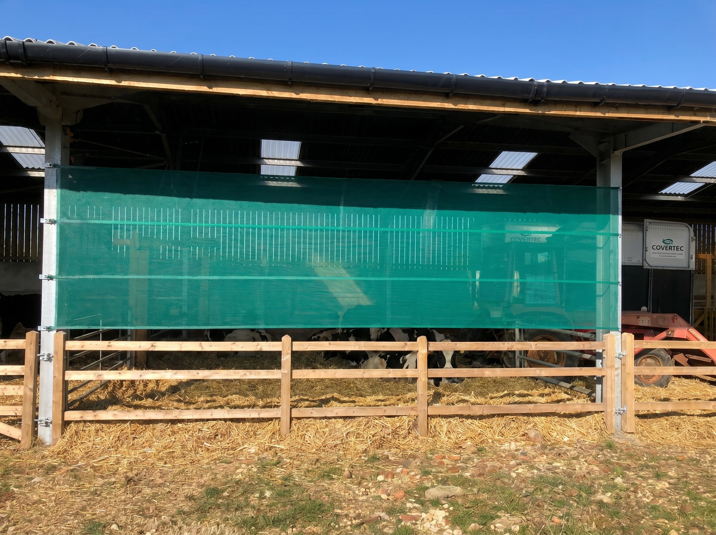 Housed livestock sheltered behind a Covertec windbreak
