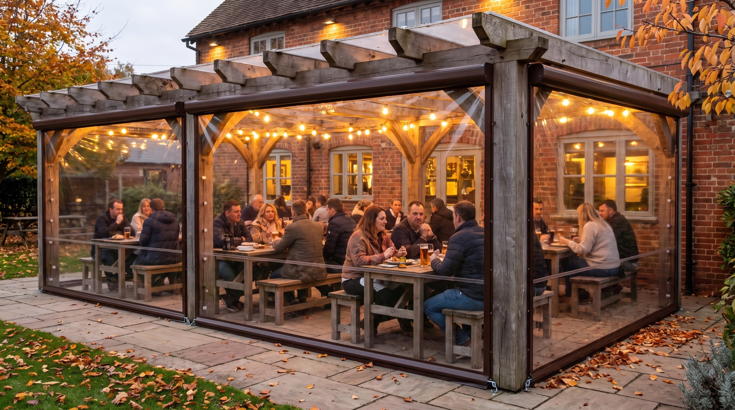 Busy pub garden terrace enclosed with clear roller blinds on an autumn evening