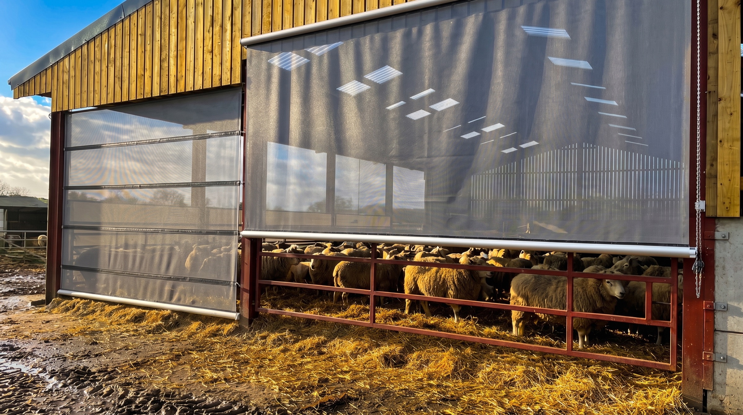 Mesh roller blinds on a sheep shed on a working farm