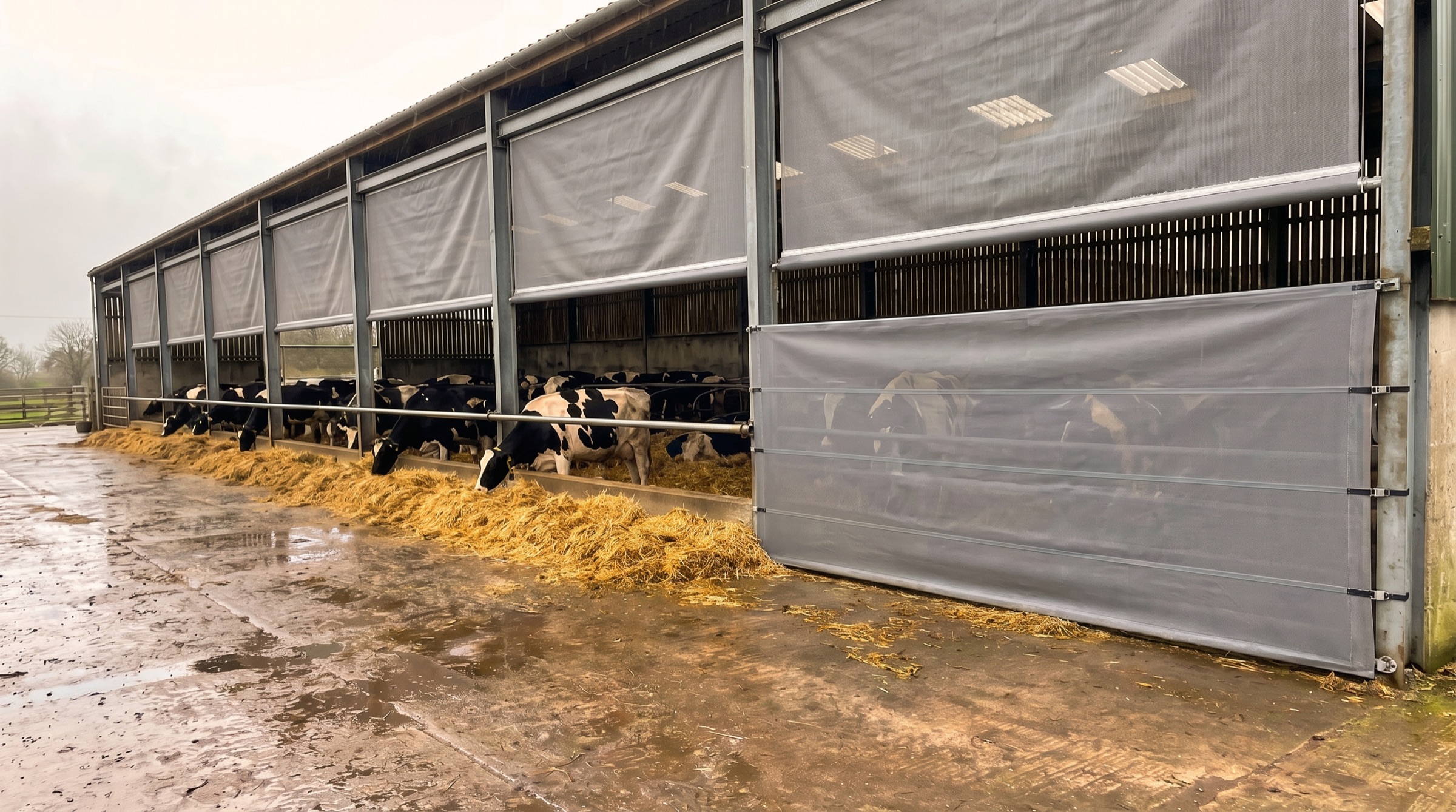 Mesh roller blinds on a cattle shed with cows feeding below
