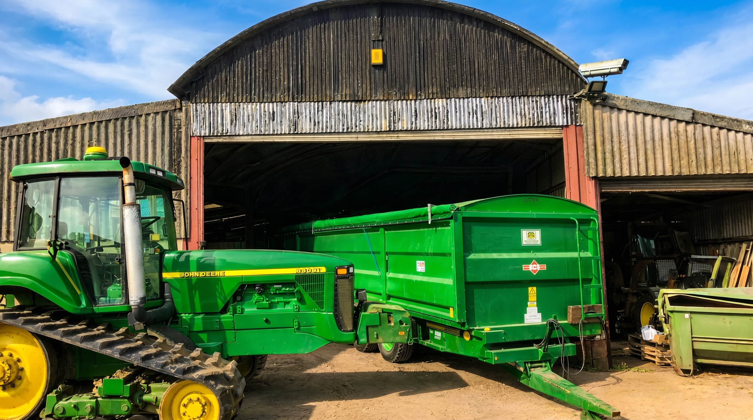 Green farm trailer with a rollover sheet cover behind a tractor