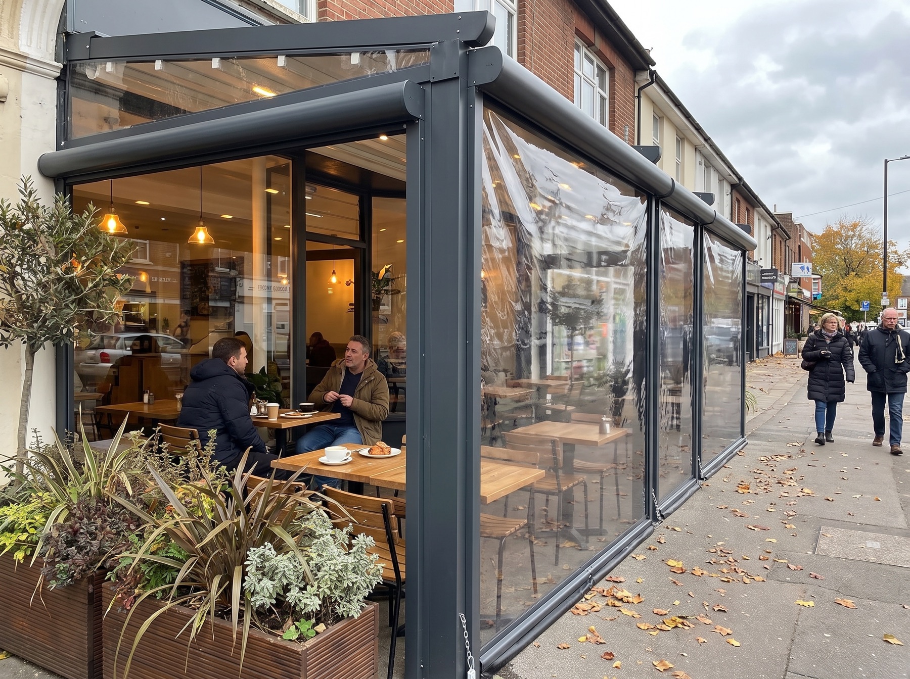 Anthracite clear roller blinds enclosing a cafe terrace on the high street