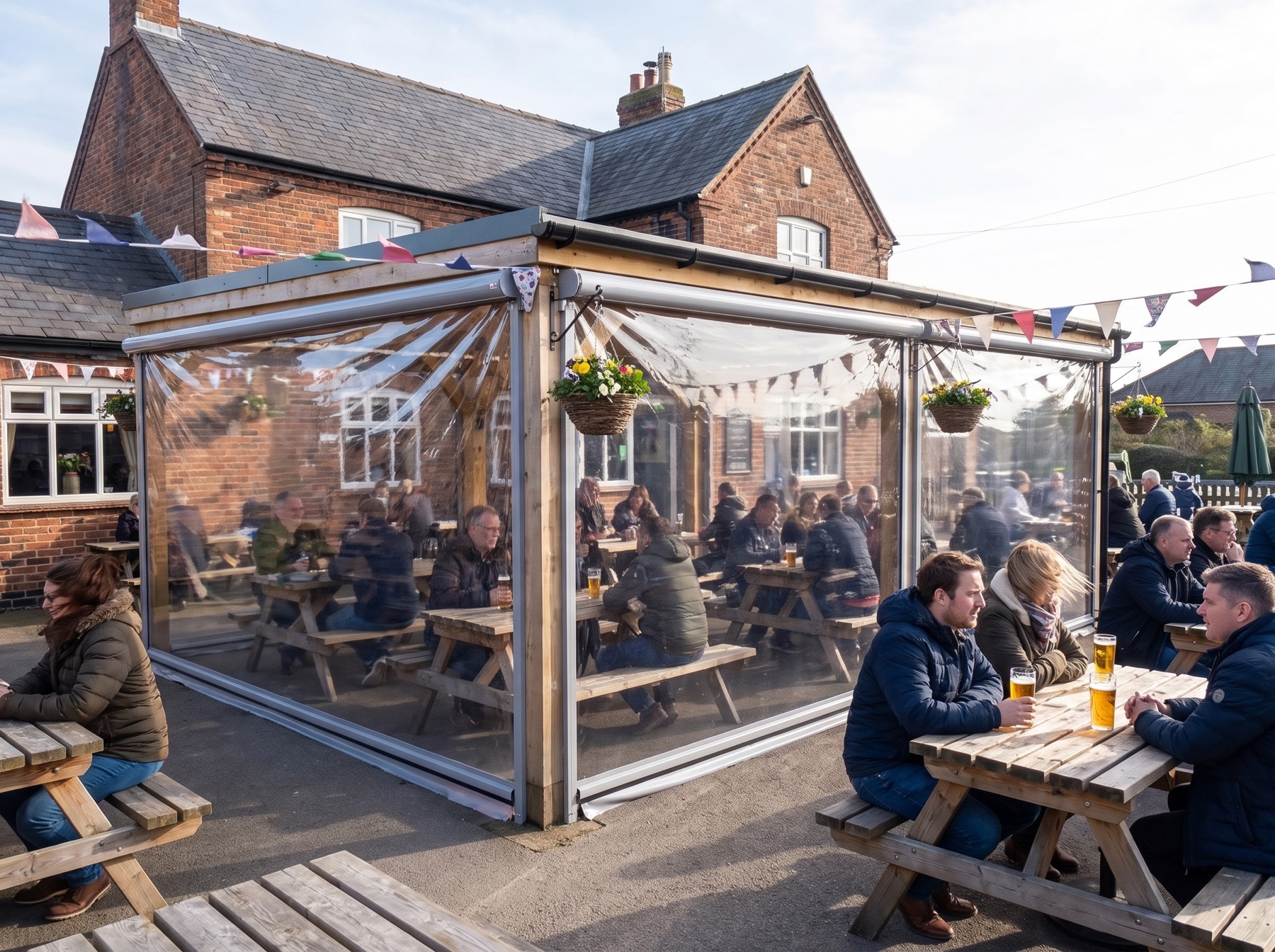 Customers sheltered behind clear roller blinds in a pub garden