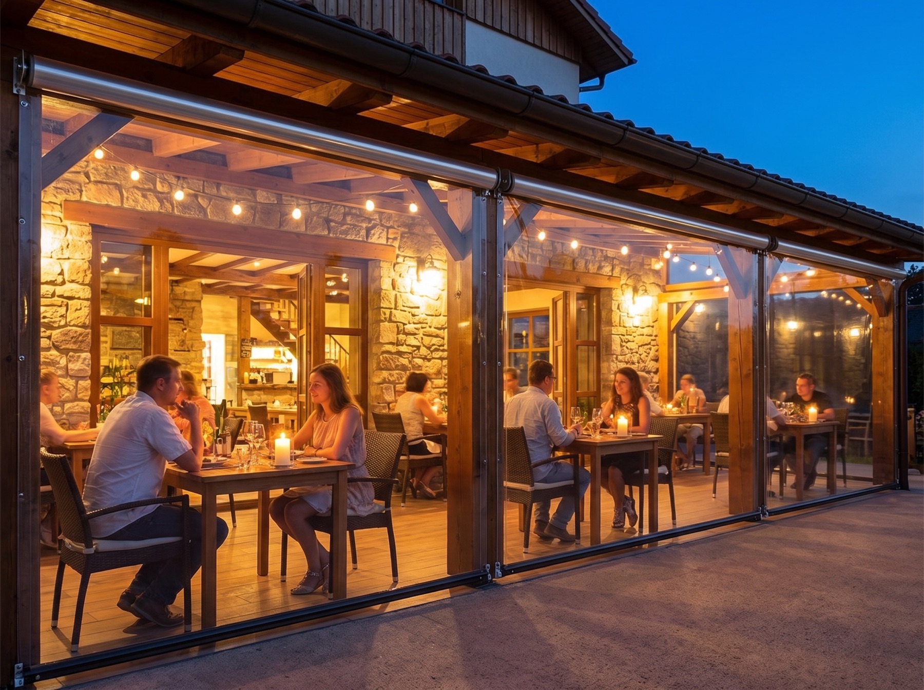 Candlelit restaurant terrace enclosed with clear roller blinds in the evening