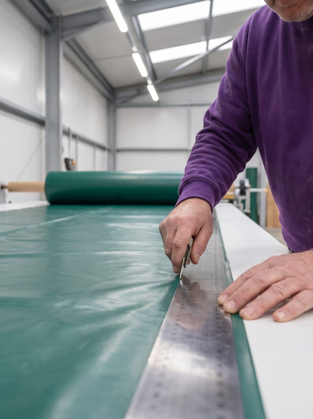 A Covertec team member cutting green PVC along a steel straight edge