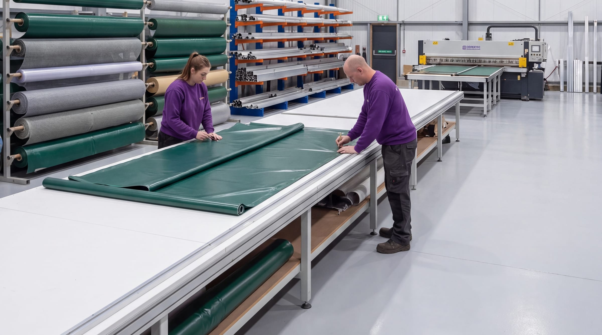 The Covertec production site, with PVC rolls racked along the wall and the team working at the cutting tables