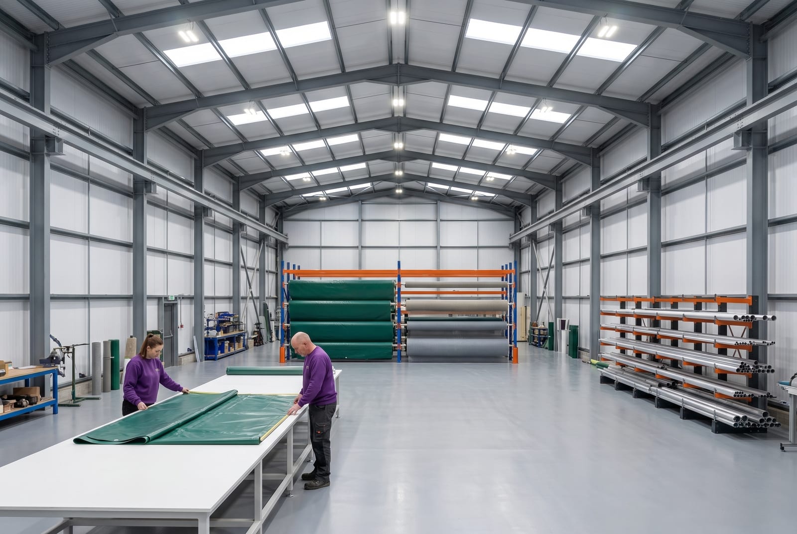The Covertec production site in Leicestershire, with a green PVC cover being measured on the cutting table