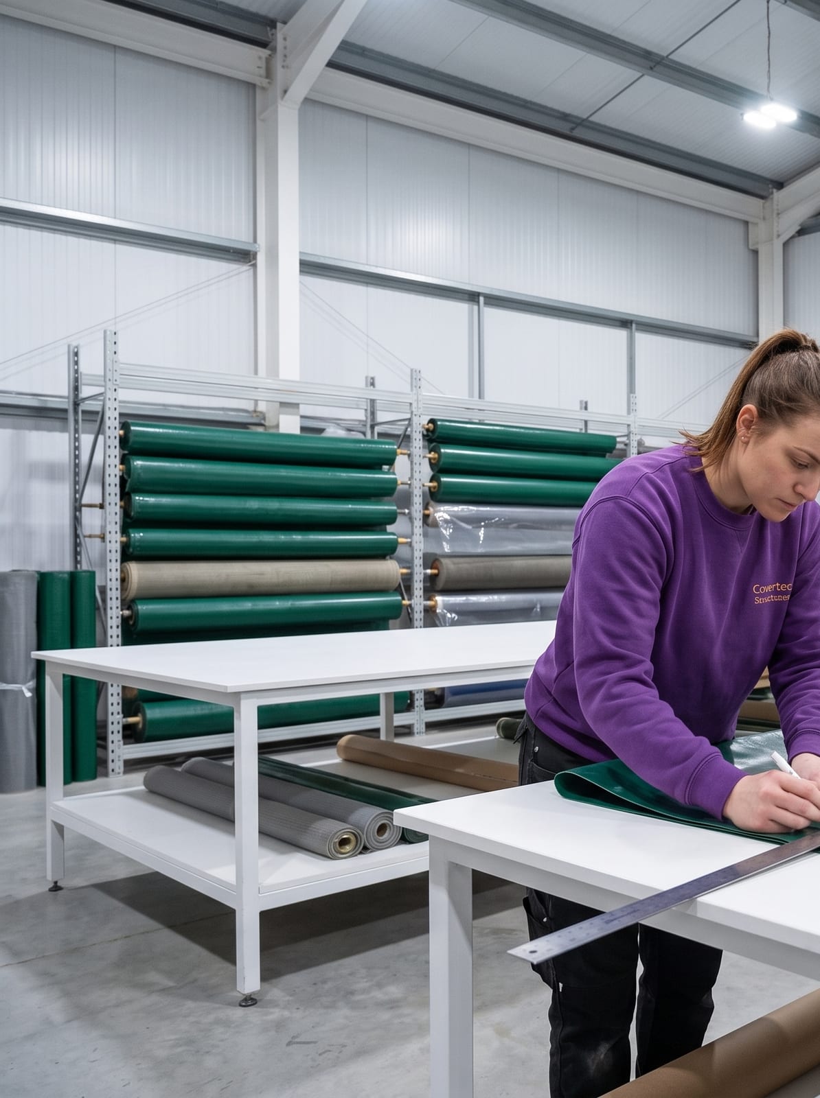 A Covertec team member marking out a green PVC cover with a steel ruler on the cutting table